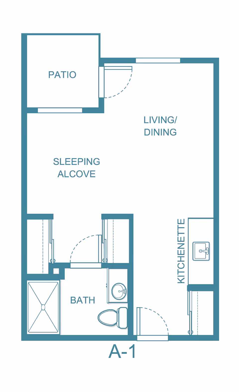 Floor plan layout of a studio apartment at Provincial Bethel Park featuring a patio, sleeping alcove, living/dining area, kitchenette, and a bathroom with a shower, toilet, and sink.