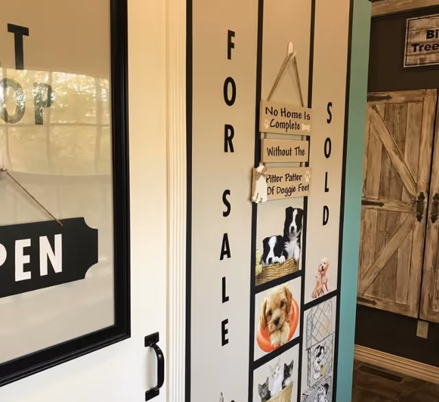 Interior wall and glass door with an 'OPEN' sign, vertical 'FOR SALE / SOLD' lettering, pet photos, and a hanging sign about doggie feet.