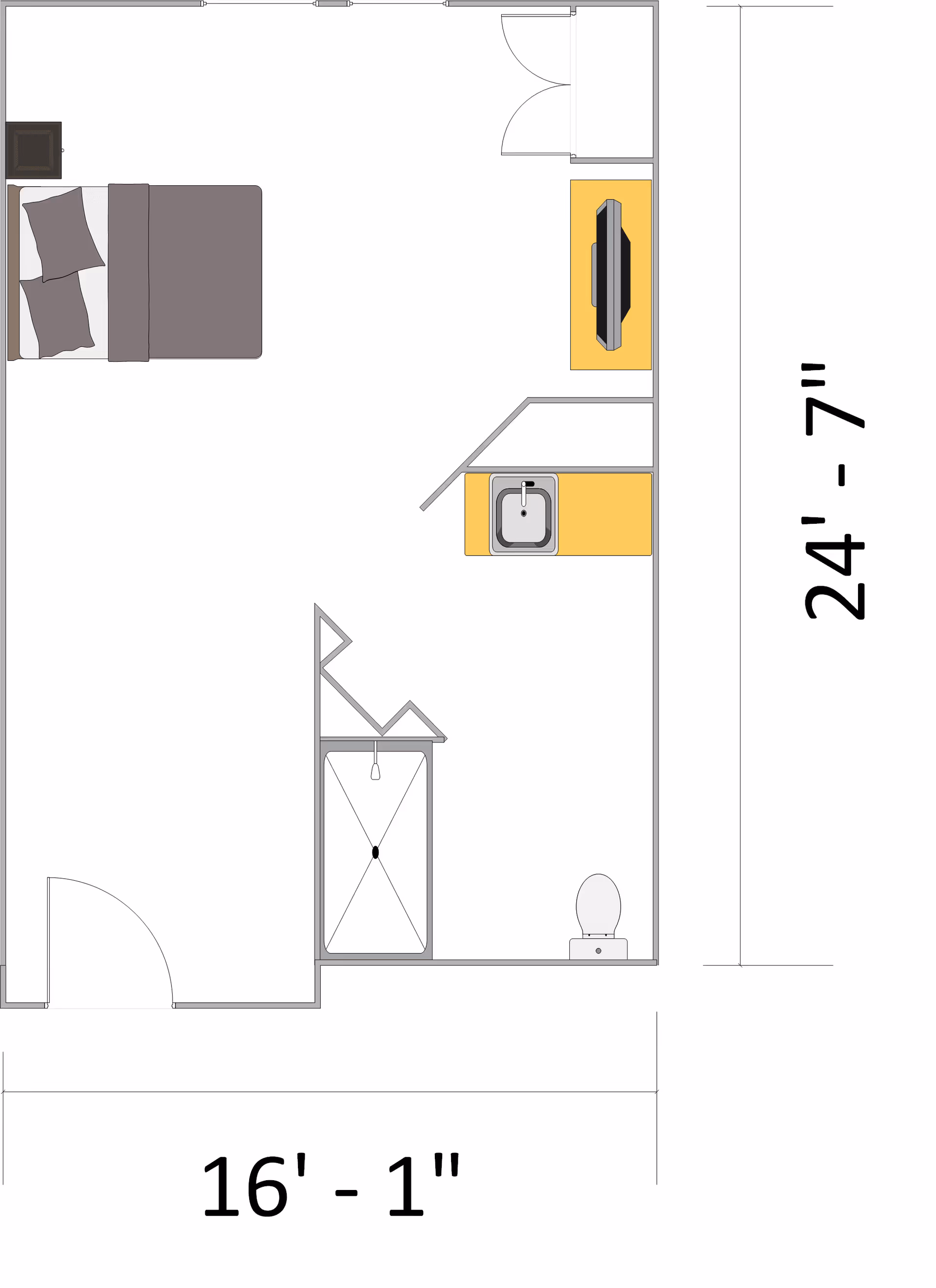 Floor plan of a small living space showing a bedroom area with a bed and nightstand, a bathroom with a shower and toilet, and a kitchenette with a sink and a TV on a counter. The dimensions of the space are 16 feet 1 inch by 24 feet 7 inches.