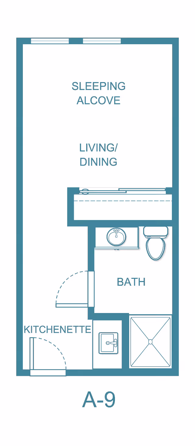 Floor plan layout of a small living space labeled A-9, featuring a sleeping alcove, living/dining area, kitchenette, and a bath with a sink, toilet, and shower.