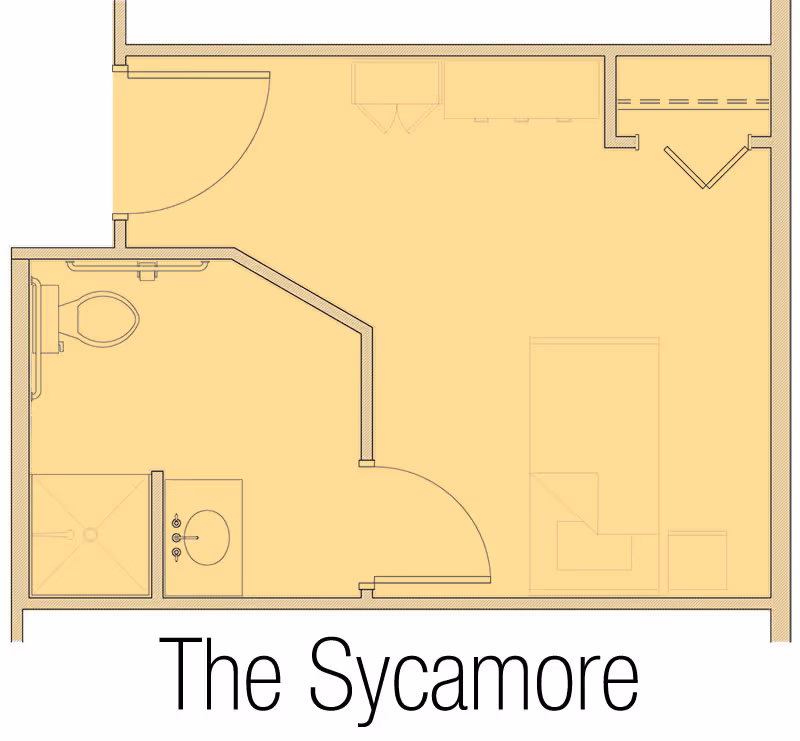 Floor plan layout of a living space named The Sycamore at Lutheran Life Villages - The Village at Inverness, showing a main room with a bed, closet, and a bathroom with a toilet, sink, and shower.