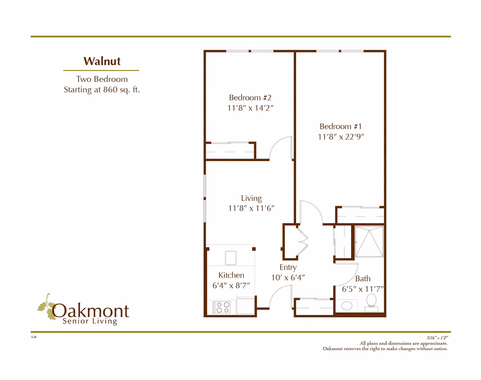 Floor plan of a two-bedroom apartment named Walnut at Oakmont Senior Living, showing dimensions for Bedroom #1, Bedroom #2, Living room, Kitchen, Entry, and Bath.