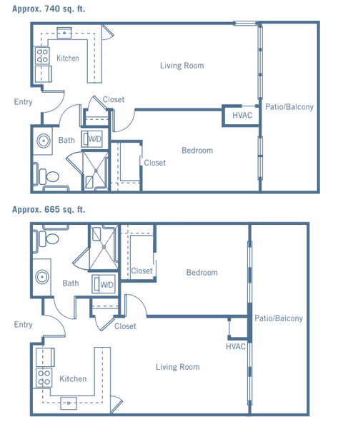 Two architectural floor plans for apartments at Merrill Gardens at Madison. The top plan is approximately 740 sq. ft. and includes a kitchen, living room, bedroom, bathroom, closets, washer/dryer, HVAC, and a patio/balcony. The bottom plan is approximately 665 sq. ft. and features a similar layout with a kitchen, living room, bedroom, bathroom, closets, washer/dryer, HVAC, and a patio/balcony.