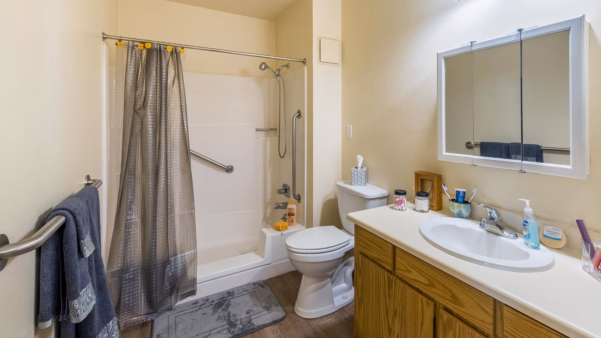 A clean bathroom with a bathtub and shower combination featuring a silver shower curtain and grab bars. There is a toilet next to the tub, and a countertop with a sink, faucet, soap dispenser, toothbrush holder, and a mirrored medicine cabinet above. Towels hang on a grab bar on the left wall.