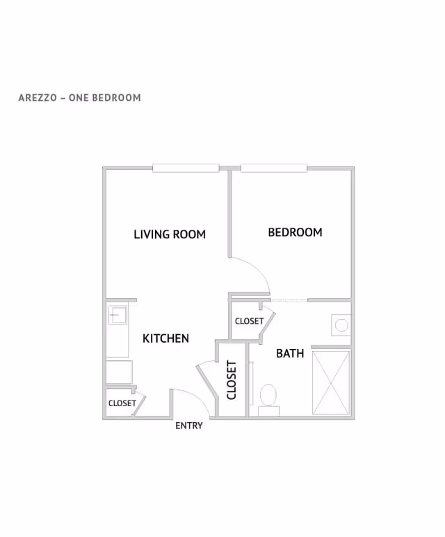Black-and-white one-bedroom apartment floor plan labeled 'AREZZO - ONE BEDROOM' showing a living room, bedroom, kitchen, bath, closets, and entry.