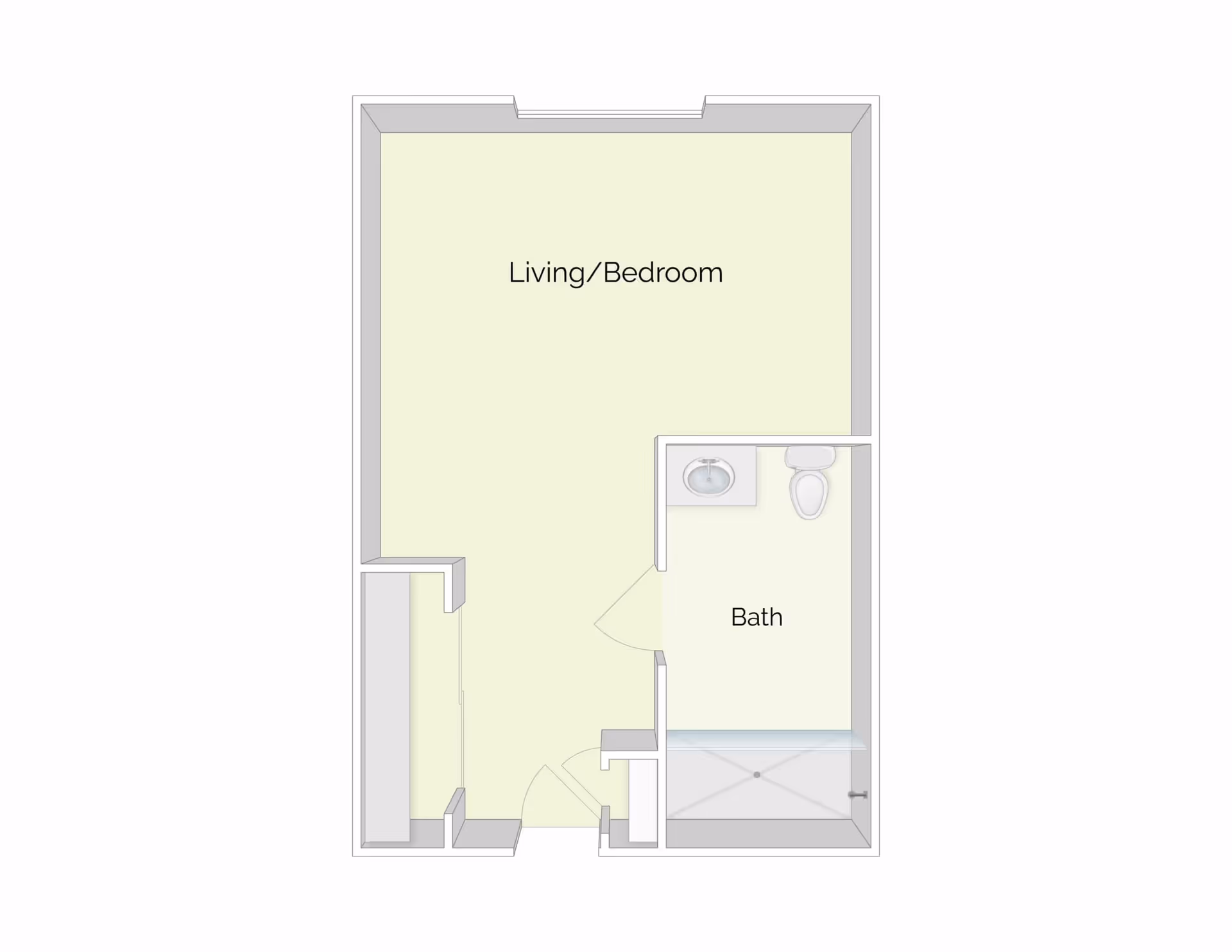 Simple floor plan of a studio apartment showing a combined living/bedroom area and a separate bath.