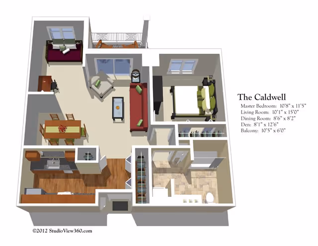 3D floor plan of The Caldwell apartment at The Colonnades showing a master bedroom, living room with sofa and chair, dining room with table and chairs, kitchen with appliances, den with daybed and desk, bathroom, closets, and a balcony.
