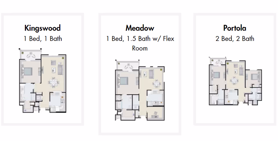 Three labeled apartment floor plans titled Kingswood, Meadow, and Portola showing layouts for 1–2 bedroom units with bath counts.