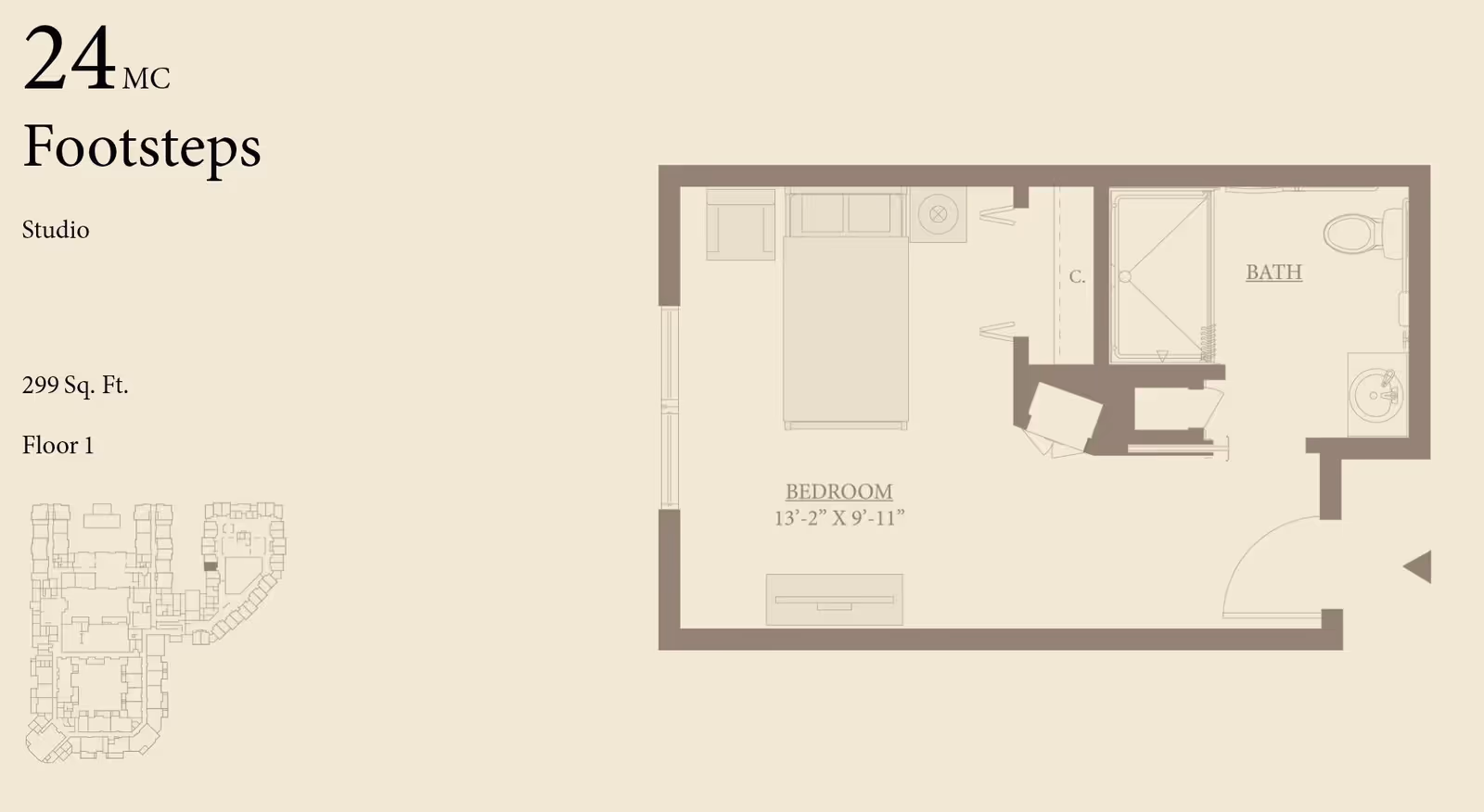 Architectural studio floor plan titled "24MC Footsteps" showing a 299 sq. ft. bedroom area and adjacent bathroom layout.