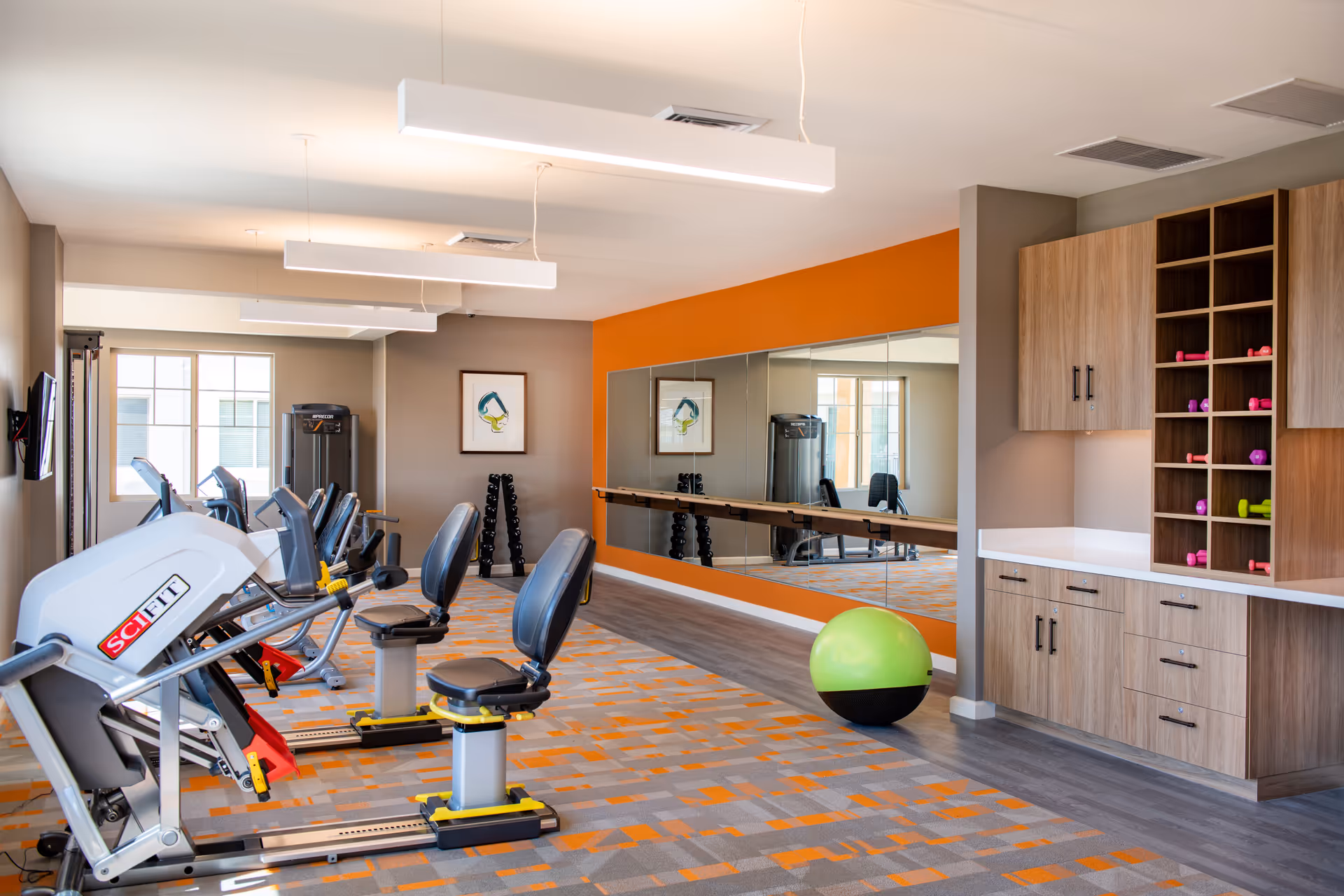 Bright fitness room with exercise machines, mirrored wall, shelving and a green exercise ball.