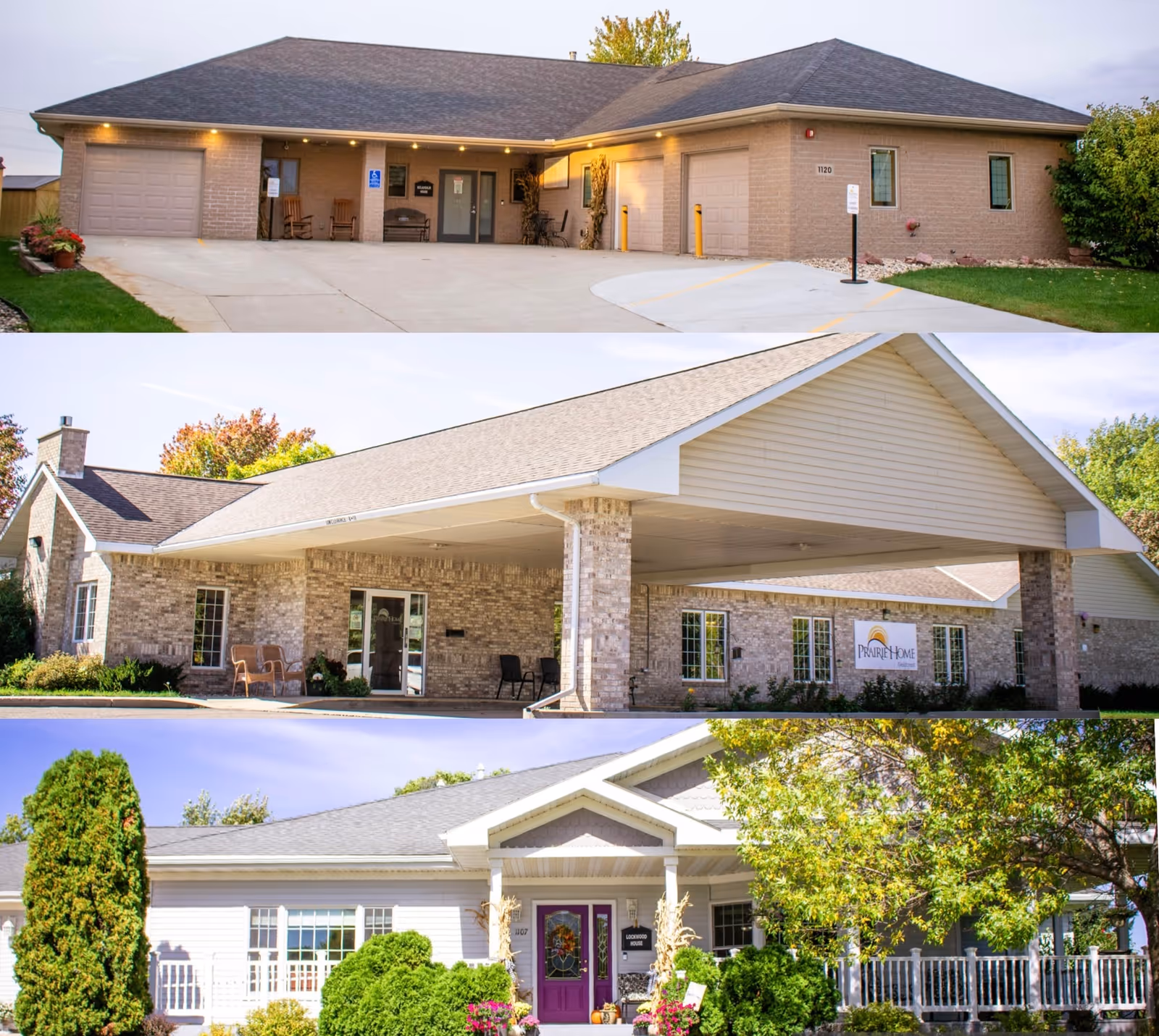 Three exterior views of Prairie Home Fieldcrest facility buildings. The top image shows a single-story brick building with two garage doors, a bench, and chairs on the porch area. The middle image shows a brick building with a covered entrance supported by brick columns, with chairs near the entrance and a Prairie Home sign on the wall. The bottom image shows a white building with a purple front door, surrounded by green bushes and trees, with a porch and railing.