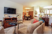 Open-concept living area with sofa, TV, dining table, and visible kitchen.