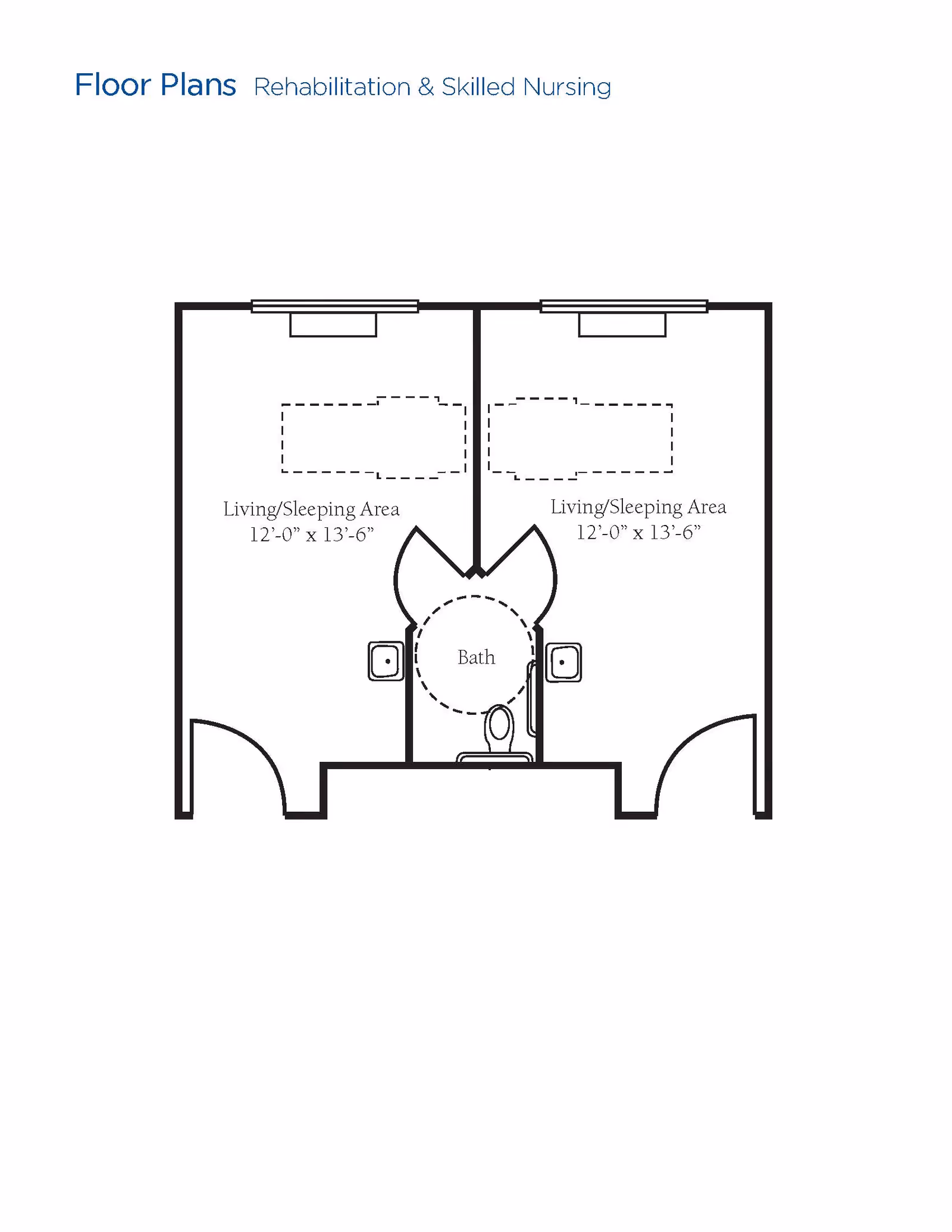Floor plan layout for rehabilitation and skilled nursing showing two adjacent living/sleeping areas each measuring 12 feet by 13 feet 6 inches, with a shared central bathroom between them.