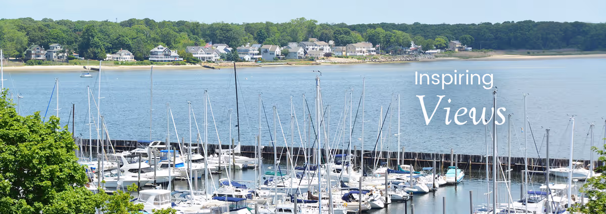 View of a marina filled with numerous sailboats docked in the water, with a tree-lined shore and houses in the background under a clear sky. The words 'Inspiring Views' are overlaid on the right side of the image.
