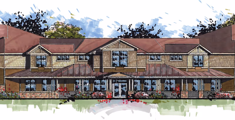 Hand-drawn architectural rendering of a two-story senior living building with a covered front porch, many windows, and landscaping.