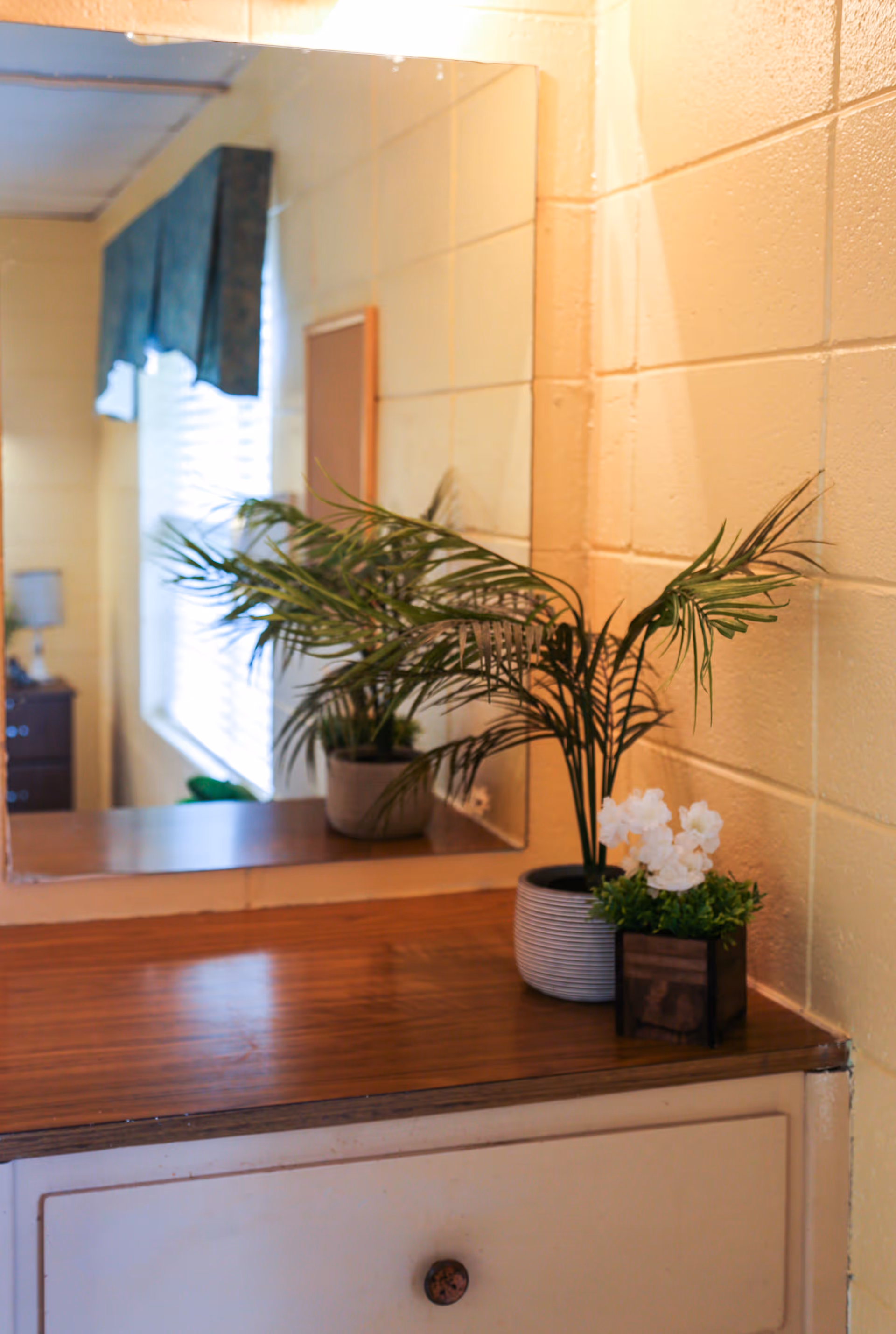 A wooden dresser with a large mirror above it, decorated with two potted plants. The wall behind is painted light yellow with a textured pattern. A window with blinds and a blue valance is reflected in the mirror.