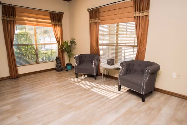 A bright room with light wood flooring and two large windows with brown curtains and blinds. There are two gray upholstered armchairs with nailhead trim positioned near the windows, separated by a small white side table. A green potted plant and a small water fountain are placed near one window.