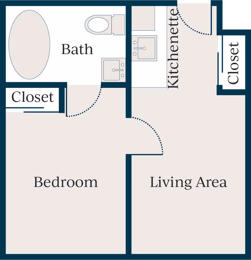 Floor plan layout of a senior living unit at King's Manor Senior Living Community showing a bedroom with a closet, a bathroom with a bathtub, toilet, and sink, a kitchenette with a sink and counter, a living area, and an additional closet near the kitchenette.
