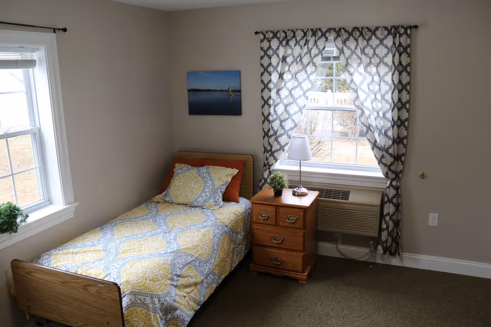 A small bedroom with a single bed covered in a yellow and gray patterned bedspread and matching pillow. Next to the bed is a wooden nightstand with three drawers, a small green plant, and a lamp. The room has two windows, one with white blinds and the other with patterned curtains, letting in natural light. A framed picture hangs on the wall above the bed.