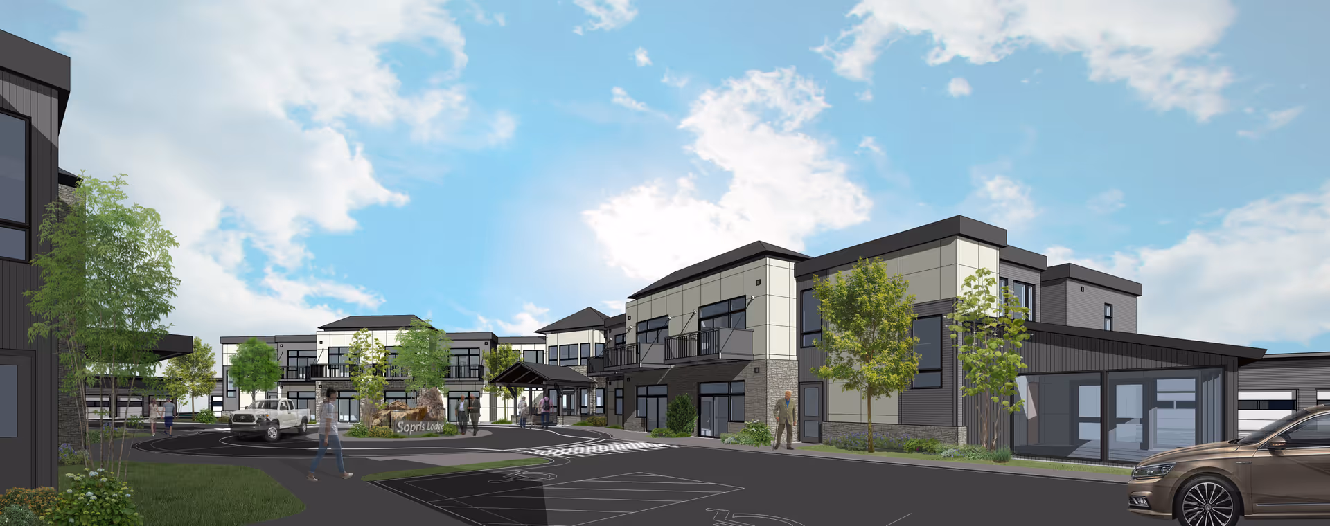 Architectural exterior rendering of Sopris Lodge senior living complex showing modern two-story buildings, an entry canopy, landscaping, parked cars, and people under a blue sky.