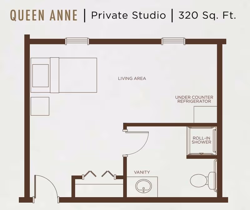 Floor plan of a private studio named Queen Anne with 320 square feet, showing a living area with a bed and nightstand, a vanity, a roll-in shower, a toilet, and an under counter refrigerator.