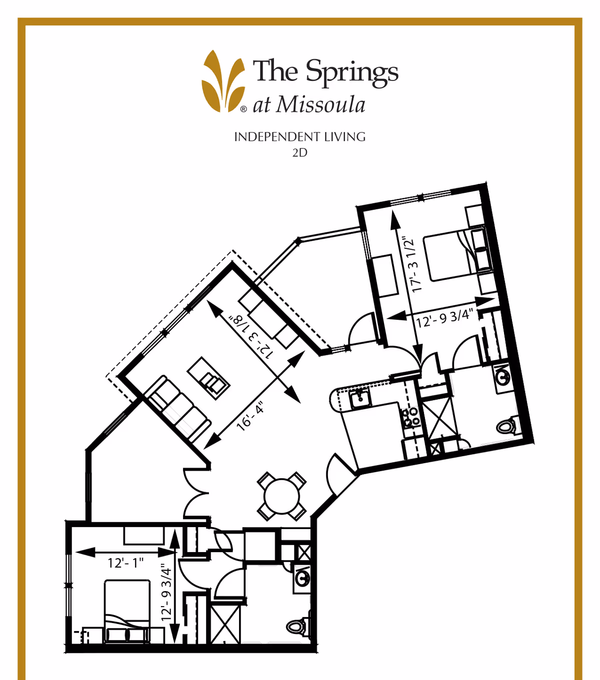 Floor plan layout of an independent living unit at The Springs at Missoula, showing two bedrooms, two bathrooms, a kitchen, dining area, and living room with dimensions.