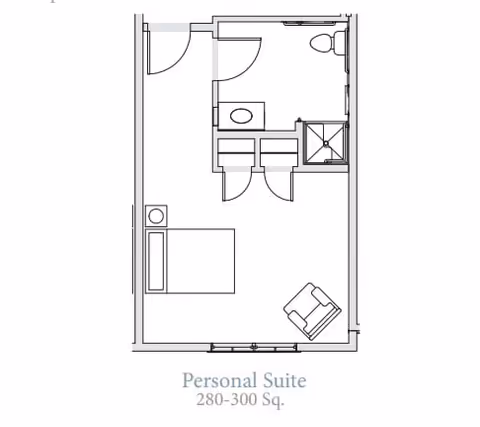 Floor plan of a personal suite measuring 280-300 square feet, featuring a bedroom area with a bed and chair, a bathroom with a toilet, sink, and shower, and two closets near the bathroom entrance.