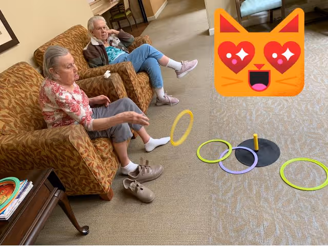 Two elderly women sitting on patterned armchairs in a living room area, one woman is tossing a yellow ring towards a ring toss game on the carpeted floor. There is a side table with magazines next to them and a large orange cat emoji with heart eyes is overlaid on the right side of the image.