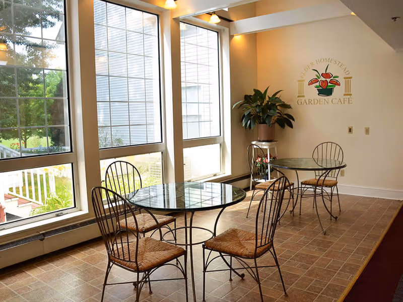 Interior view of Elder Homestead Garden Café with two round glass-top tables and four metal chairs with woven seats. Large windows let in natural light and show greenery outside. A potted plant is placed on a small stand against the wall with the Elder Homestead Garden Café logo above it.