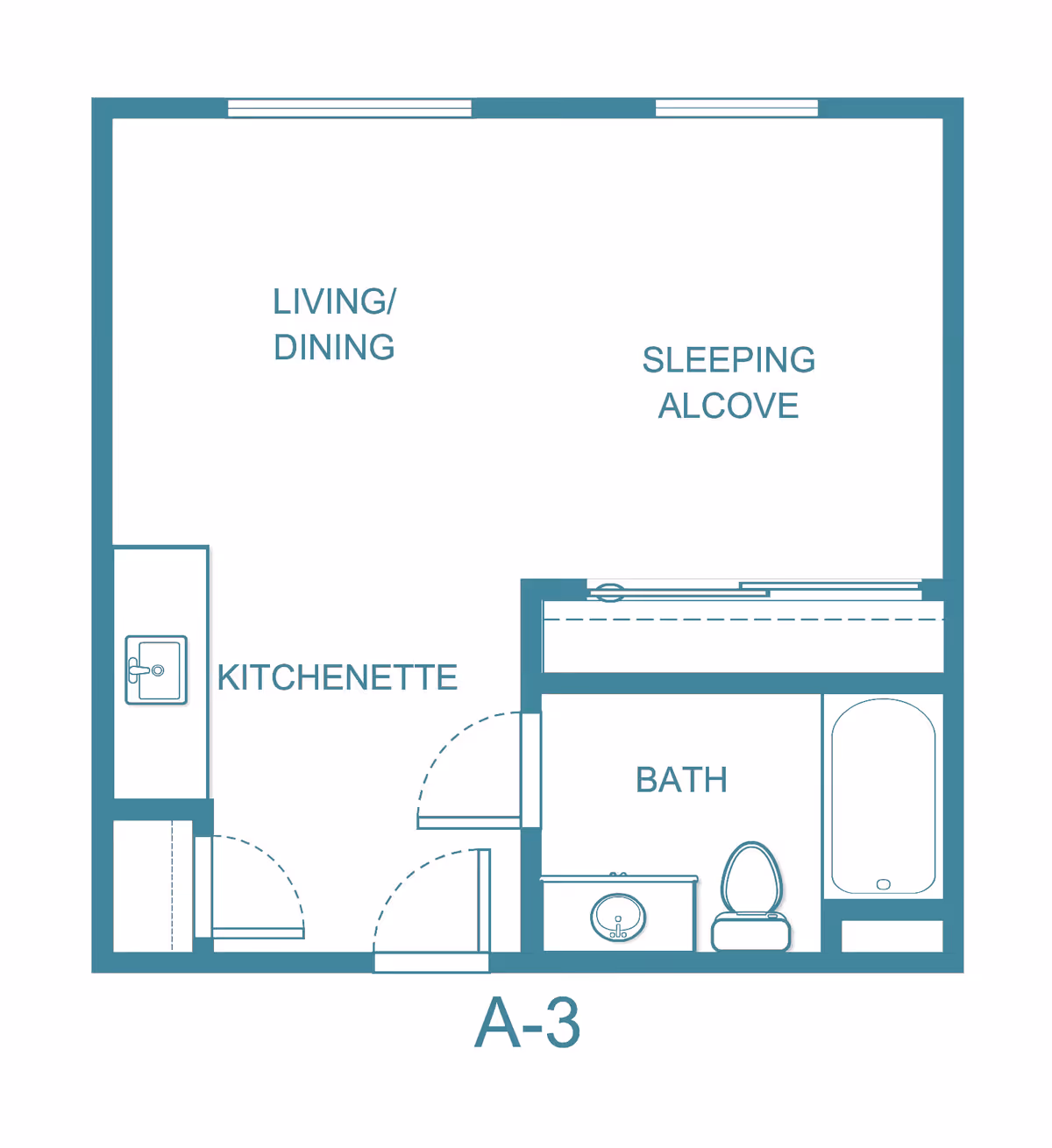 Floor plan layout of a small living space labeled A-3, showing areas for living/dining, sleeping alcove, kitchenette, and a bathroom with a sink, toilet, and bathtub.