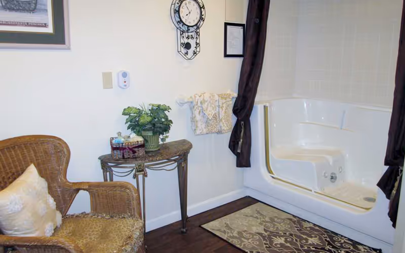A walk-in bathtub with a dark shower curtain in a tiled alcove beside a wicker chair, small side table with a plant, and towels on the wall.
