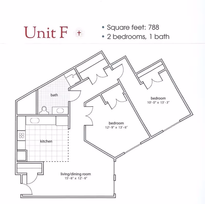 Floor plan of Unit F at Village at the Oaks showing a 788 square feet layout with 2 bedrooms and 1 bathroom. The plan includes a living/dining room measuring 15 feet 6 inches by 12 feet 6 inches, a kitchen, a bathroom, and two bedrooms sized 12 feet 9 inches by 13 feet 6 inches and 10 feet by 13 feet 3 inches respectively.