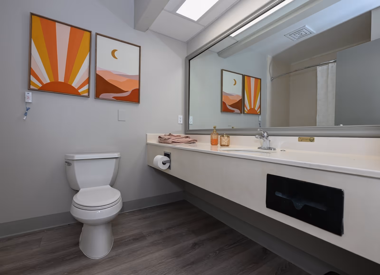 Accessible bathroom with a toilet, long sink vanity and large mirror, accented by colorful wall art.