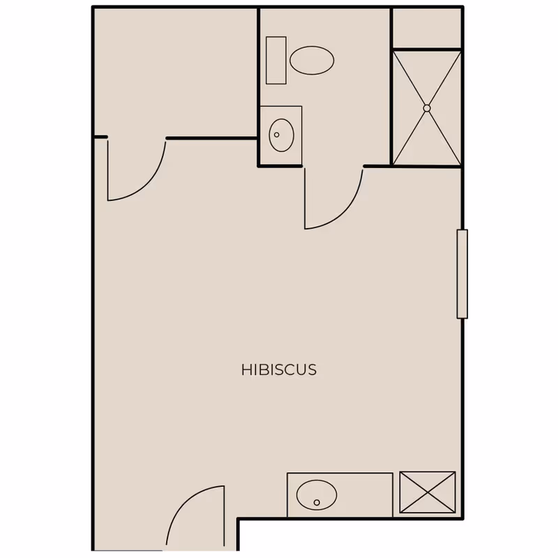 Floor plan layout labeled 'HIBISCUS' showing a main room with two doors, a bathroom with a toilet, sink, and shower, and an additional small area with a sink and closet space.