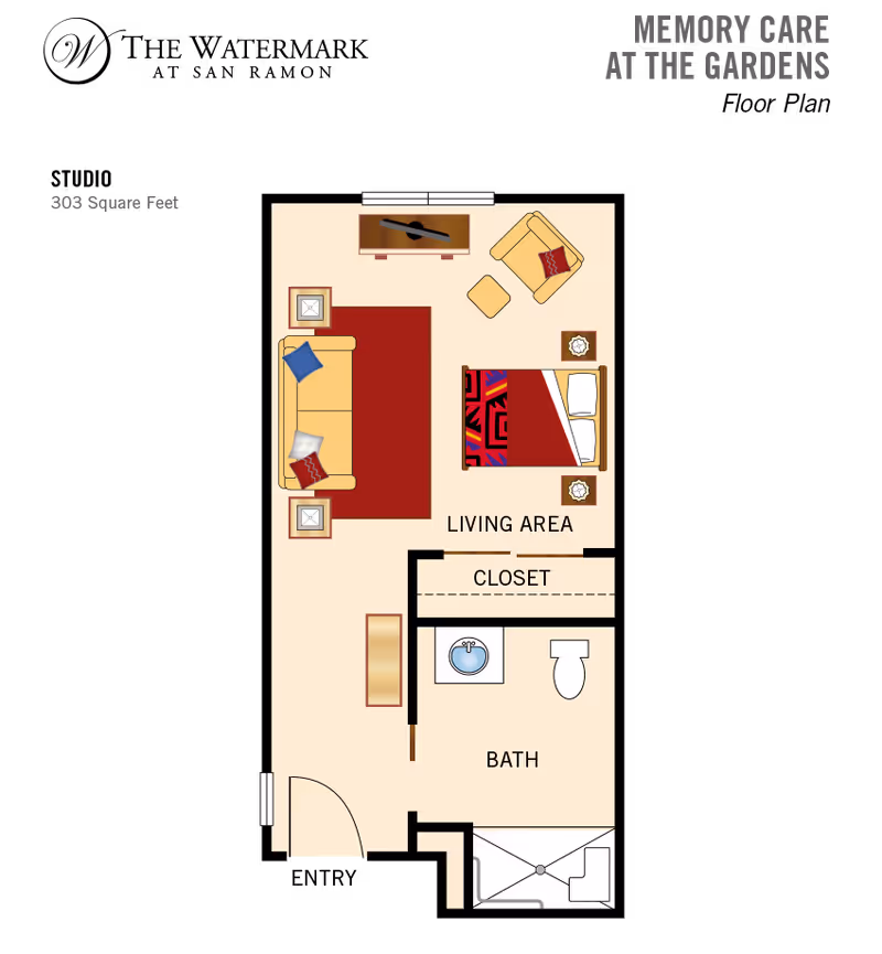 Top-down 303-square-foot floor plan of a studio showing a living area with sofa and bed, a closet, and a bathroom.