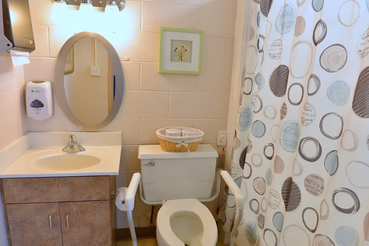 A small bathroom with a sink and vanity on the left, an oval mirror above the sink, a soap dispenser mounted on the wall, a toilet with safety rails on both sides, a basket with rolled towels on top of the toilet tank, a framed picture on the wall, and a shower curtain with a circular pattern on the right.