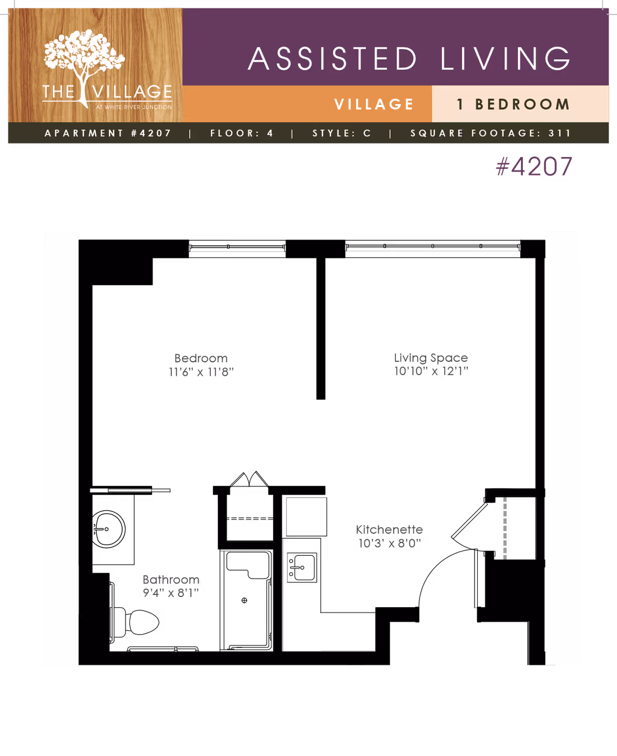 Floor plan of a 1-bedroom assisted living apartment #4207 at The Village at White River Junction, showing a bedroom, living space, kitchenette, and bathroom with their respective dimensions.