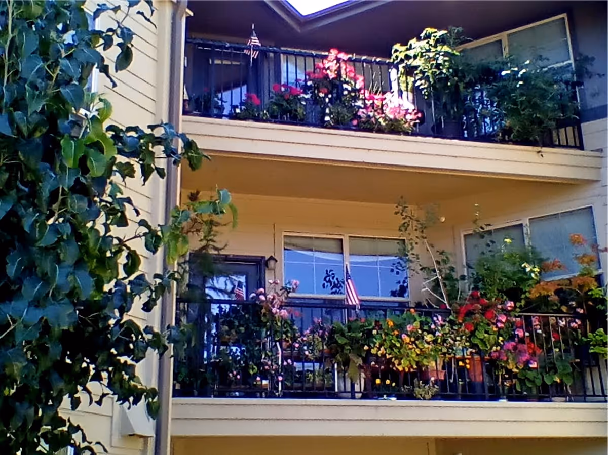 Exterior view of a two-story building with balconies decorated with numerous potted plants and flowers. An American flag is visible on the lower balcony. Green leafy trees partially frame the left side of the image.