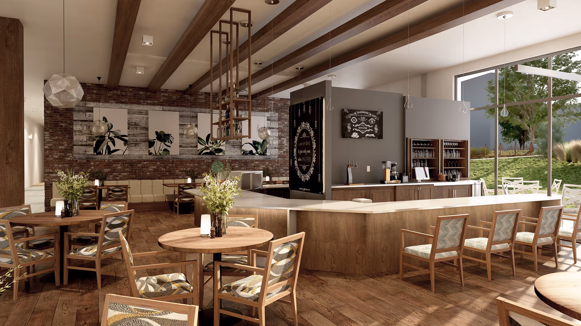 Modern dining/lounge area with wooden tables and chairs, a central service counter/bar, pendant lights, and large windows looking out to a landscaped yard.
