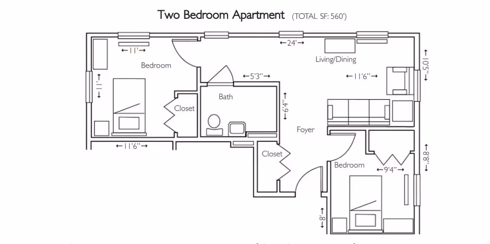 Floor plan of a two-bedroom apartment with a total area of 560 square feet. The layout includes two bedrooms, a bathroom, a living/dining area, a foyer, and closets. Dimensions for each room and some furniture placements are shown.
