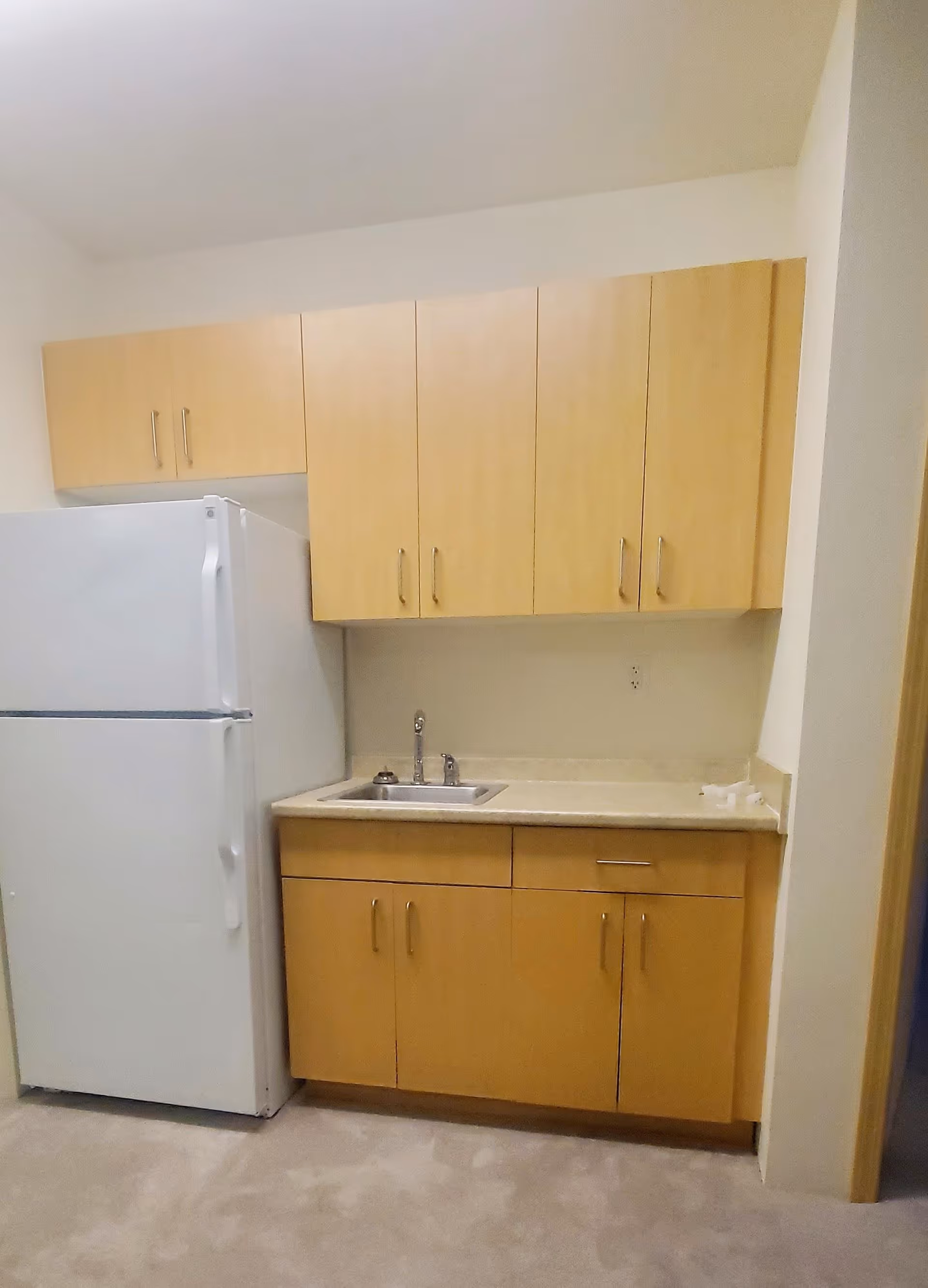 Small kitchen area with light wood cabinets, a white refrigerator, a countertop with a sink and faucet, and beige walls and carpeted floor.