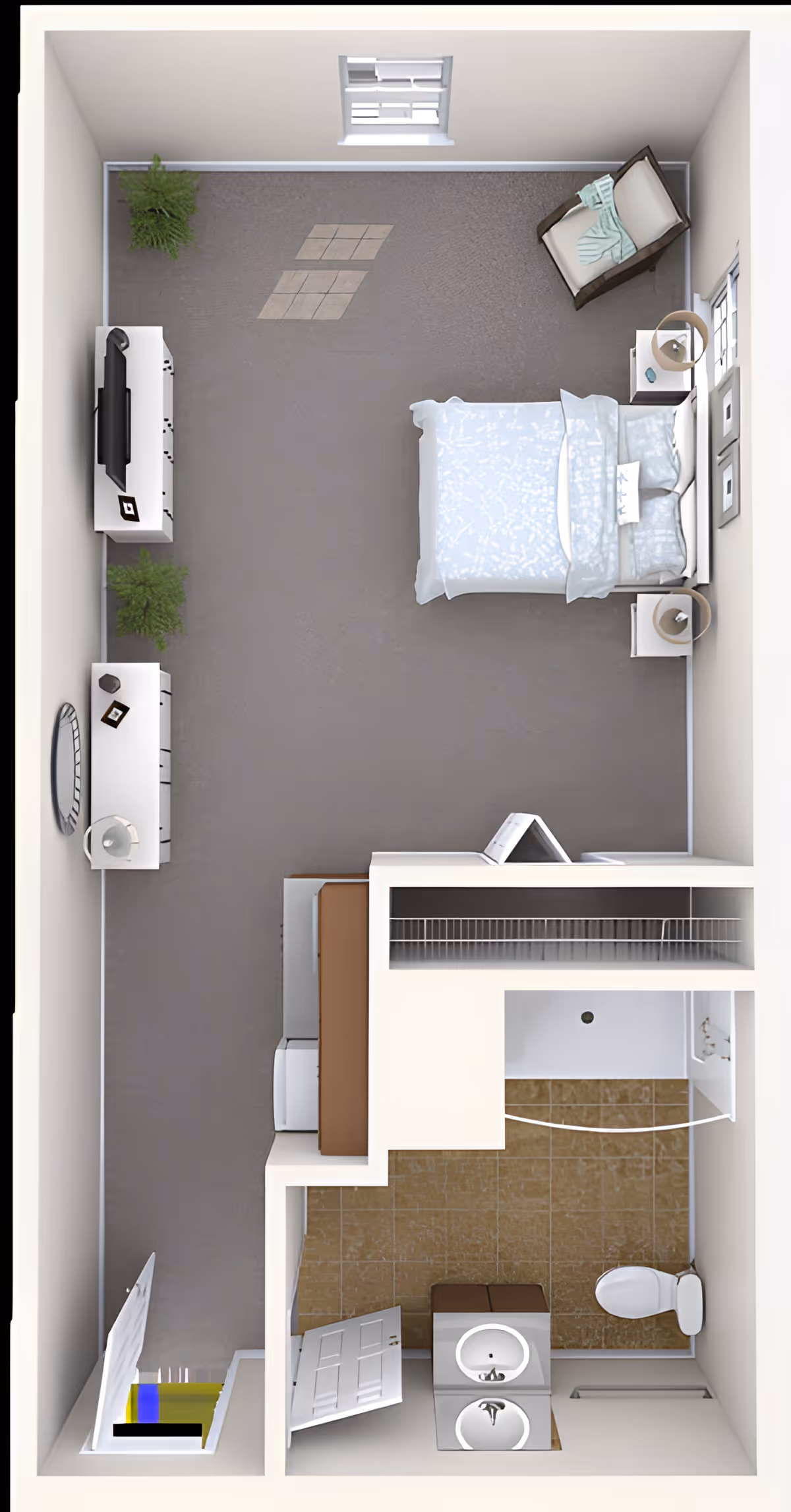 Top-down view of a senior living facility room at Arbor Terrace Asheville featuring a bedroom area with a bed, two nightstands with lamps, a chair with a blanket, a TV on a stand, a dresser with a mirror, and two plants. The room has a window and an adjacent bathroom with a sink, toilet, and shower.