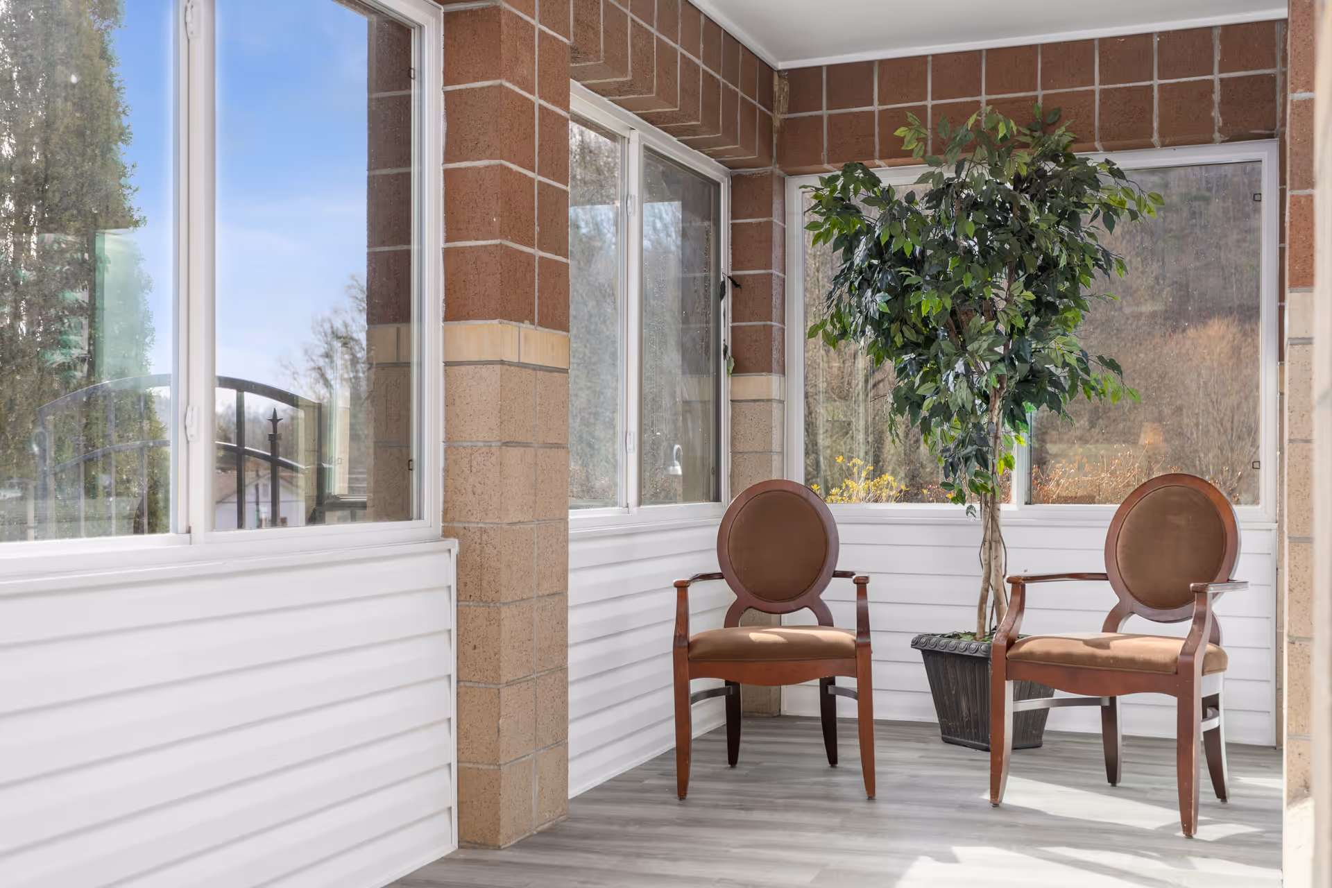 A bright indoor seating area with two wooden chairs featuring brown cushions and a large potted green plant placed between them. The space has large windows with white frames and beige brick walls, allowing natural light to fill the room.