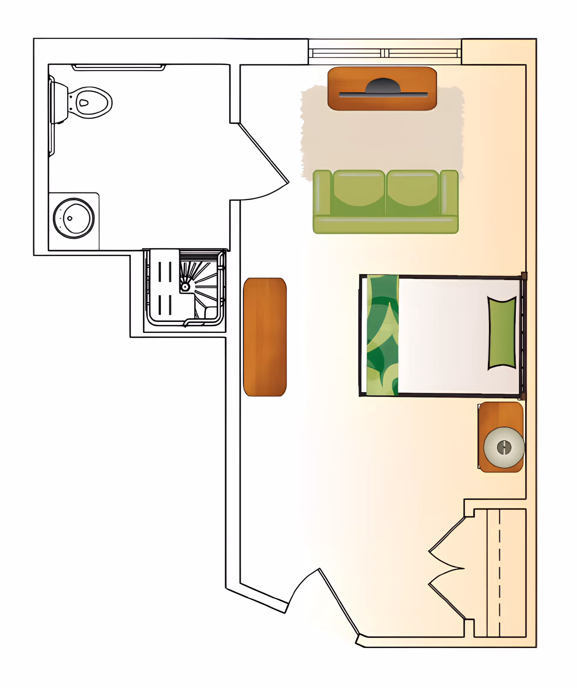 Floor plan of a small assisted living unit showing a bedroom area with a bed, nightstand with a lamp, a green couch on a rug, a dresser, a closet, and an attached bathroom with a toilet and sink.
