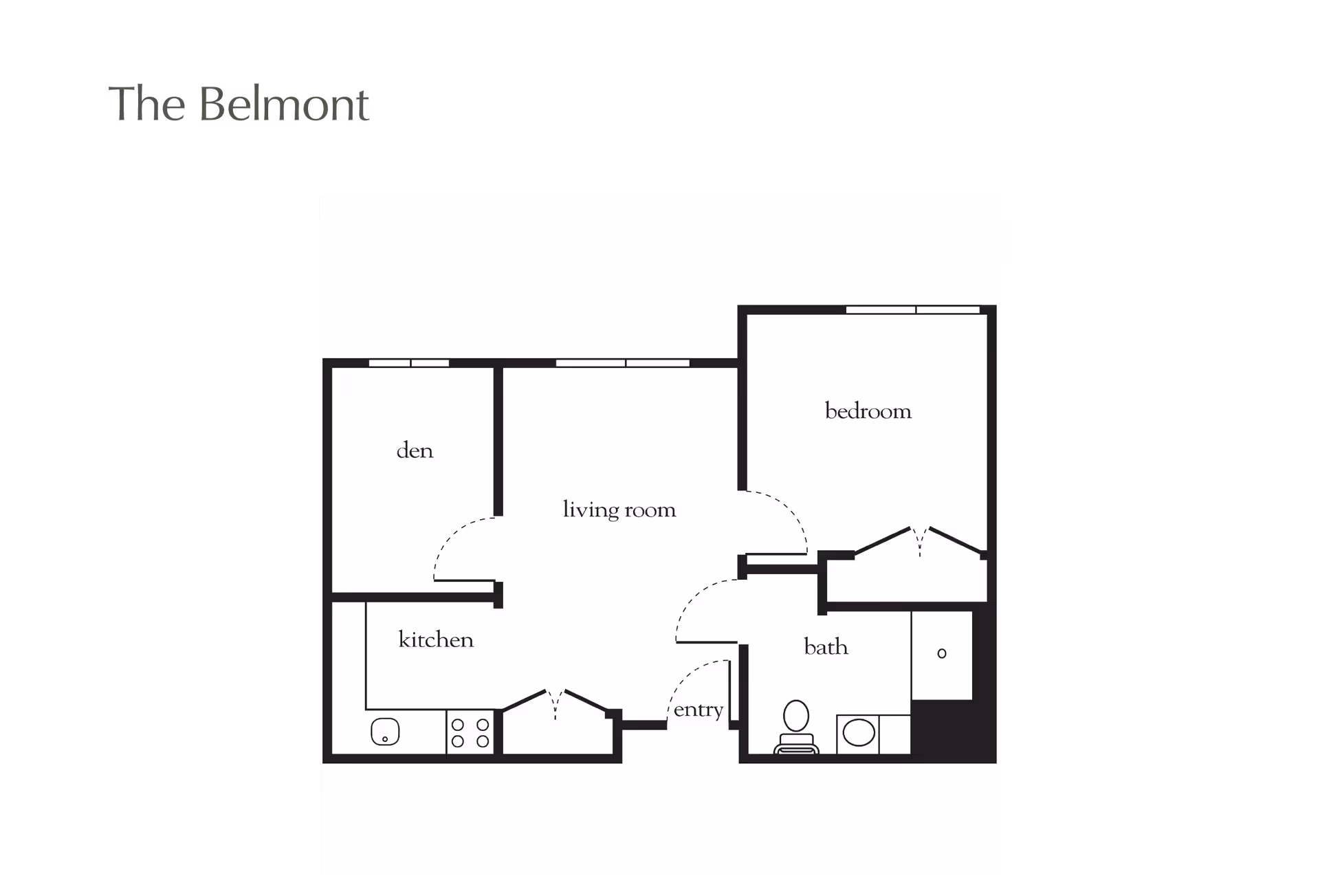 Floor plan titled The Belmont showing a layout with a den, kitchen, living room, bedroom, bath, and entry area.