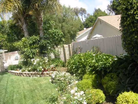 Well-kept backyard garden with a lawn, shrubs, and a wooden fence beside a house.