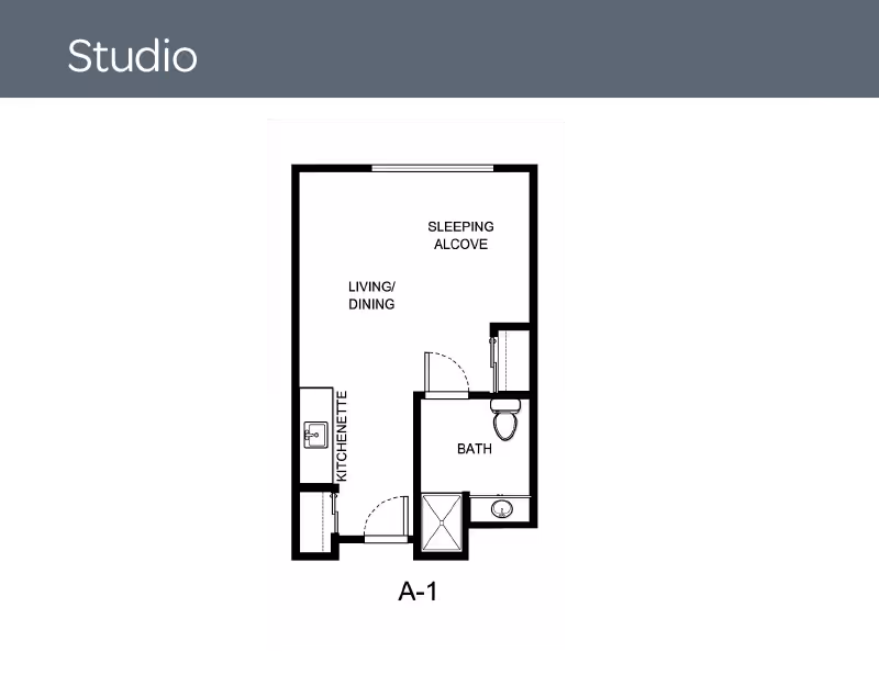Floor plan of a studio apartment with labeled areas including a sleeping alcove, living/dining area, kitchenette, and bathroom.