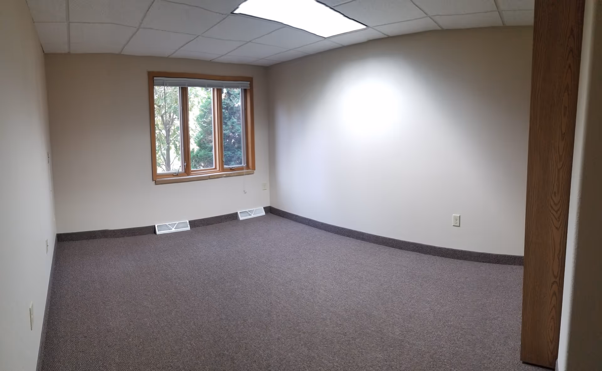 Empty carpeted room with beige walls, a wood-framed window, and a drop ceiling light.