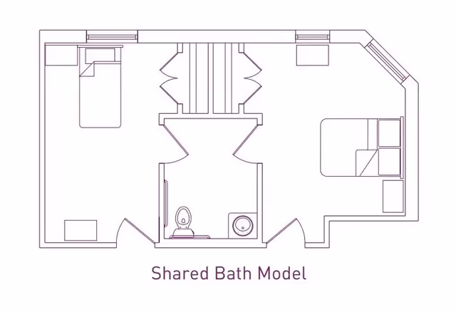 Architectural floor plan labeled 'Shared Bath Model' showing two bedrooms on either side of a shared bathroom with a toilet and sink in the center.