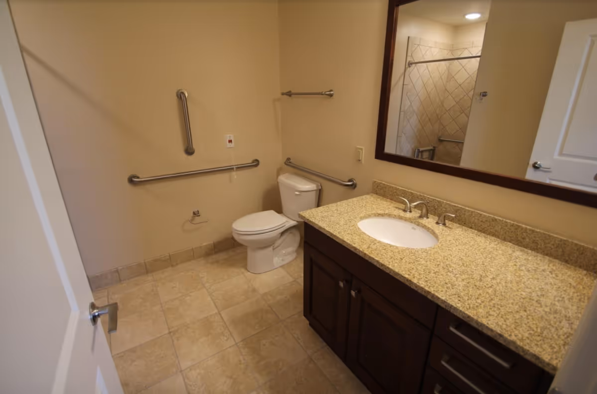 Accessible bathroom featuring a toilet with grab bars, a granite countertop vanity with sink and large mirror, and tiled floor.